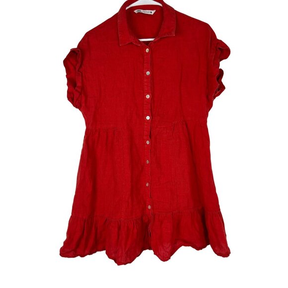 Zara Womens Small Red Tiered Button-Down Dress With Ruffle Sleeves 100% Linen - Picture 6 of 9